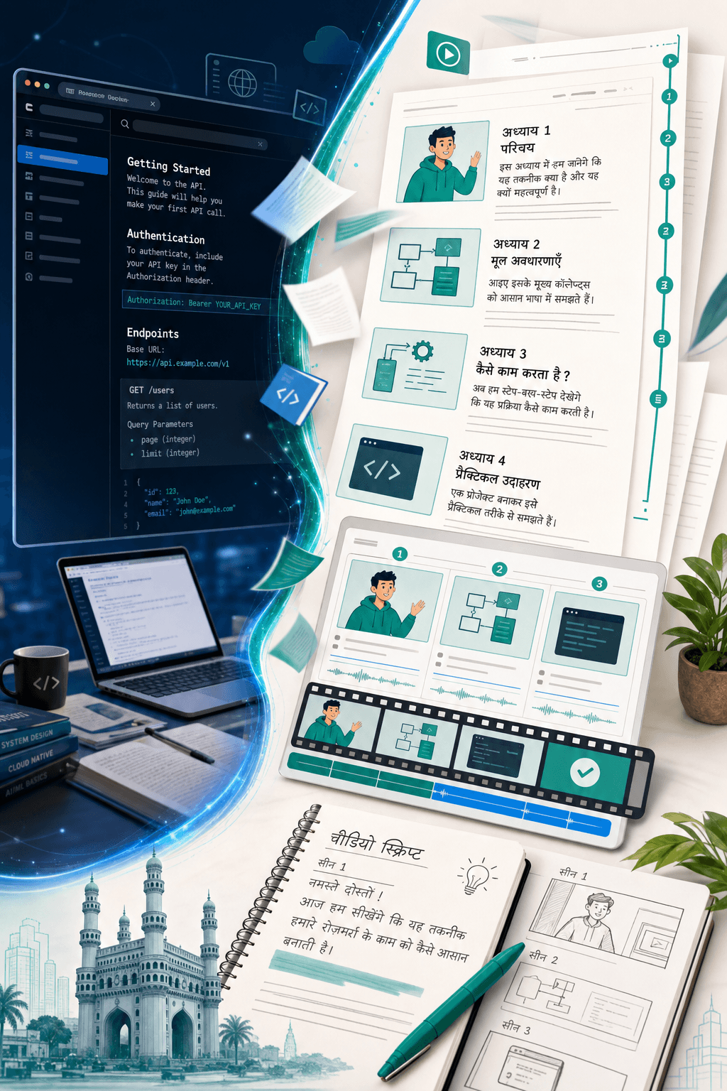 Bolai social media graphic showing English tech content transforming into structured Hindi course scripts and video guides