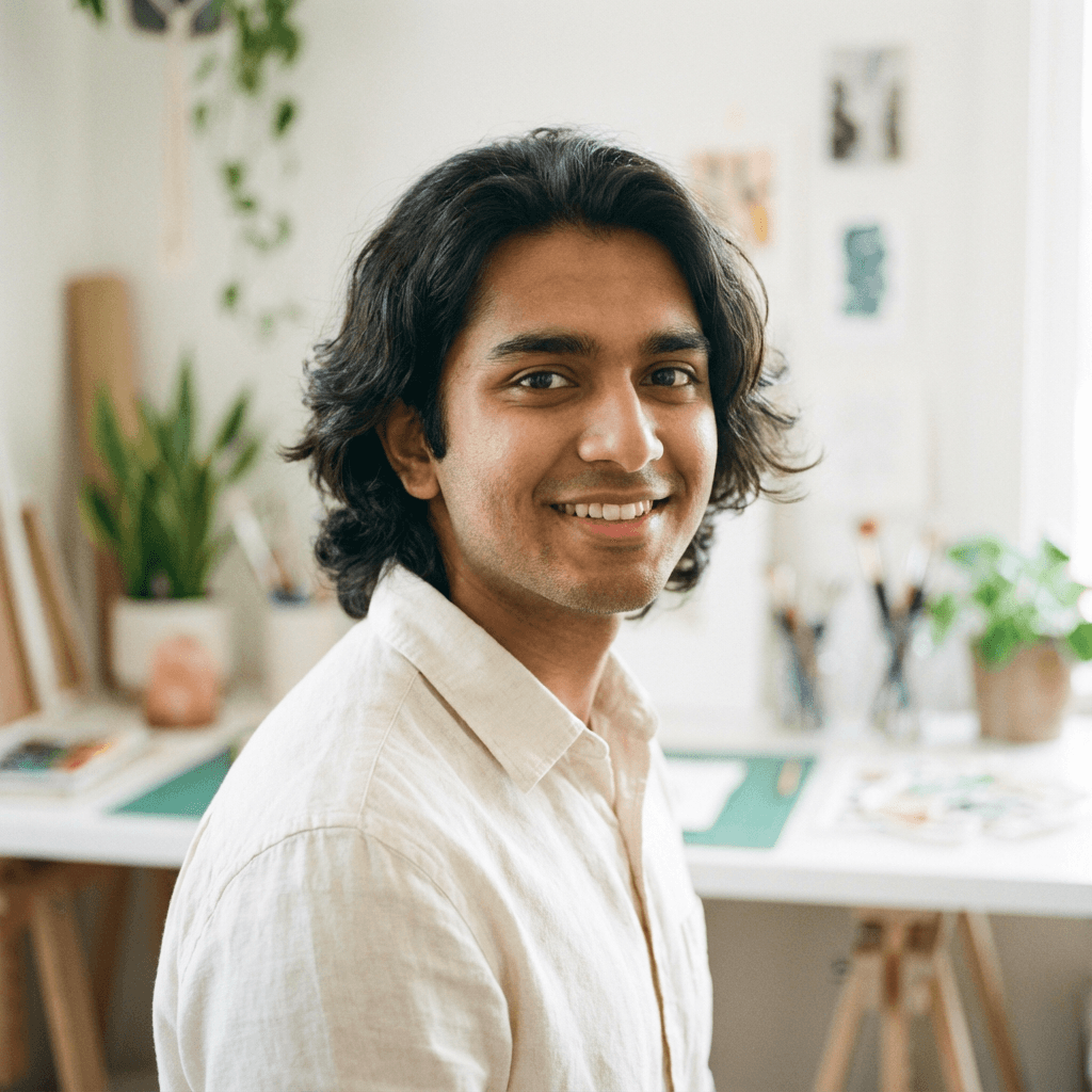 Rohan Mehta in a casual shirt in a home studio