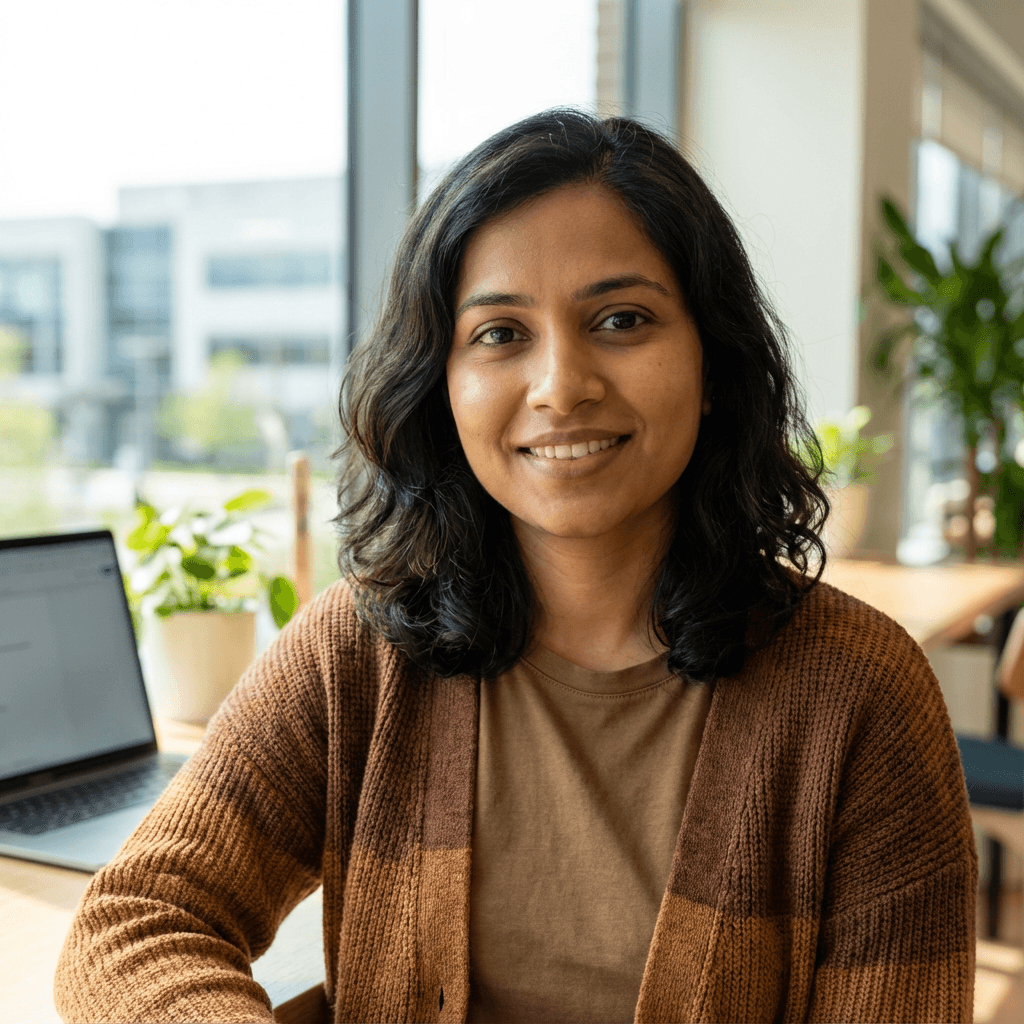 Priya Nair working on a laptop