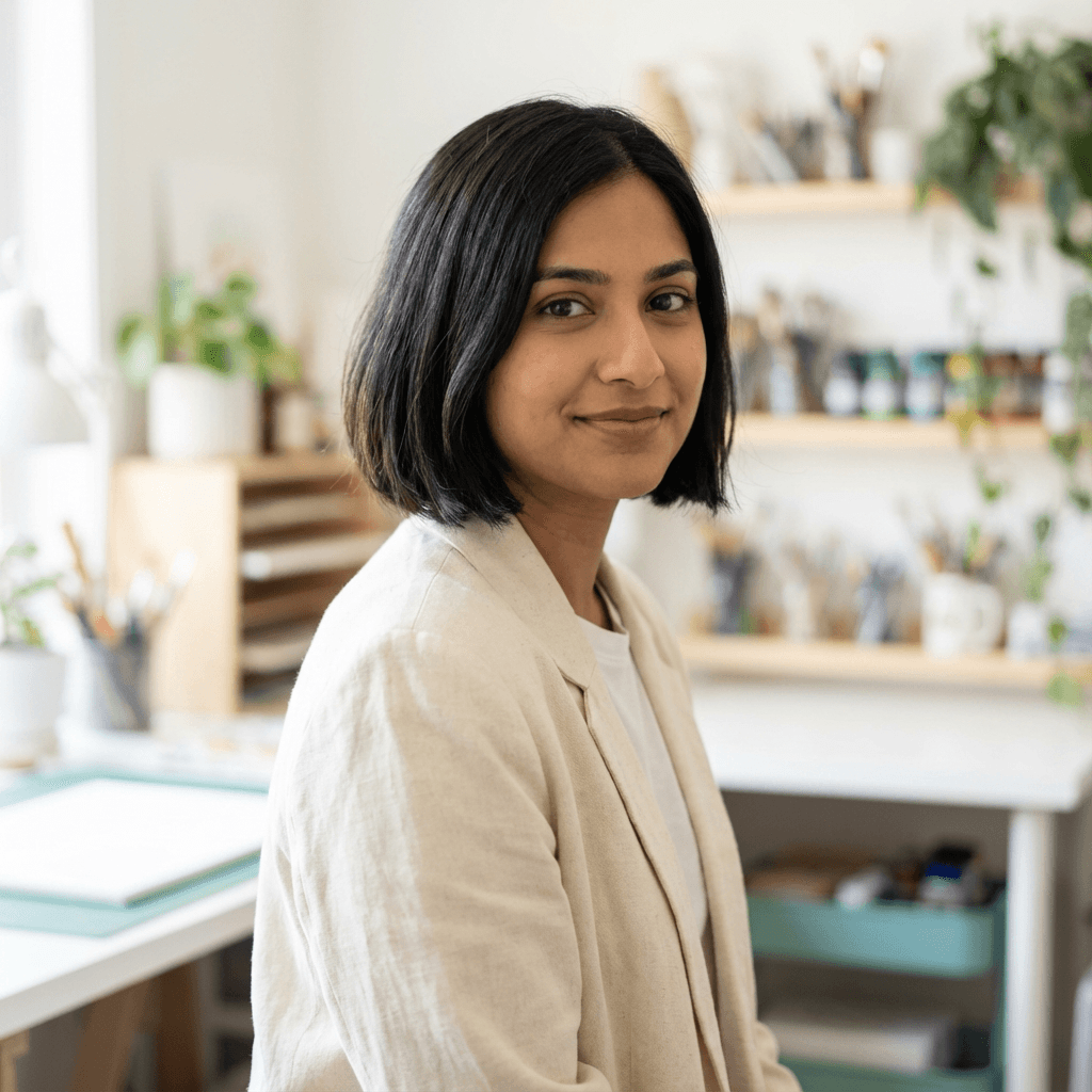 Sneha Kulkarni with a laptop in a cozy setting