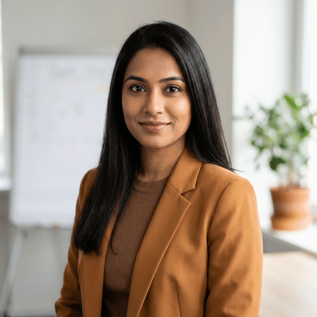 Ananya reviewing a course outline with a warm smile at her desk