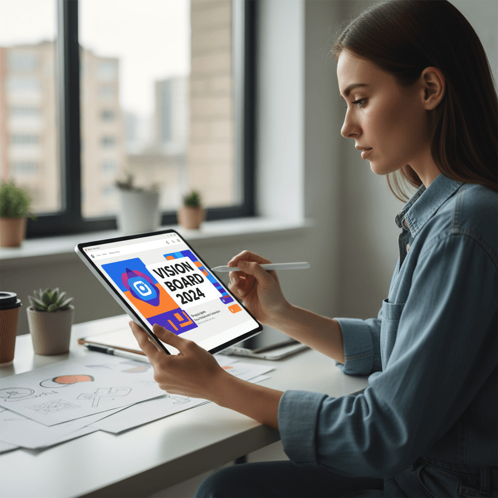 Content creator planning visuals and graphics on a tablet with a stylus