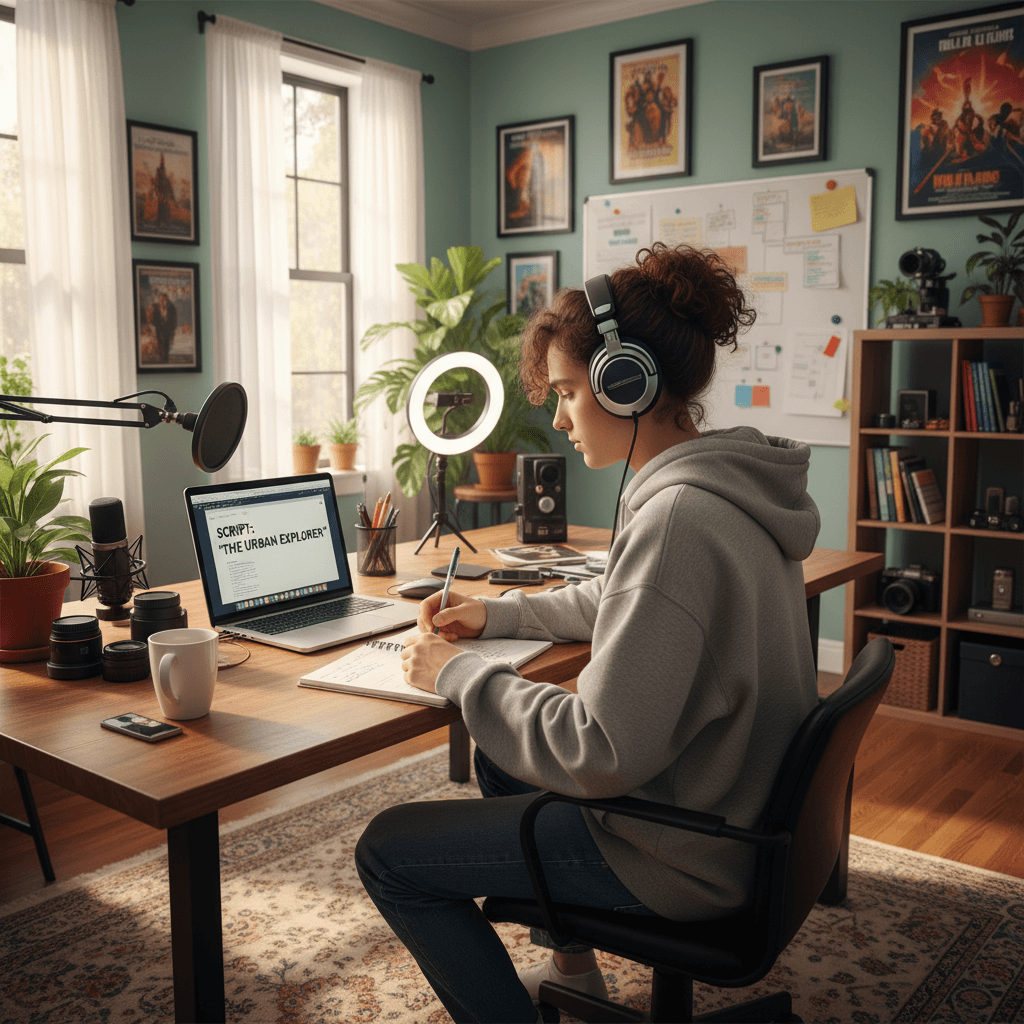 Video creator editing a script on a laptop in a bright home studio