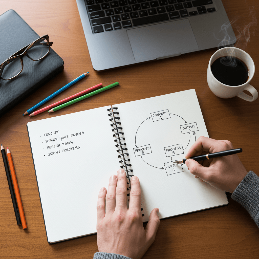 Person writing notes and sketching diagrams in a notebook at a desk