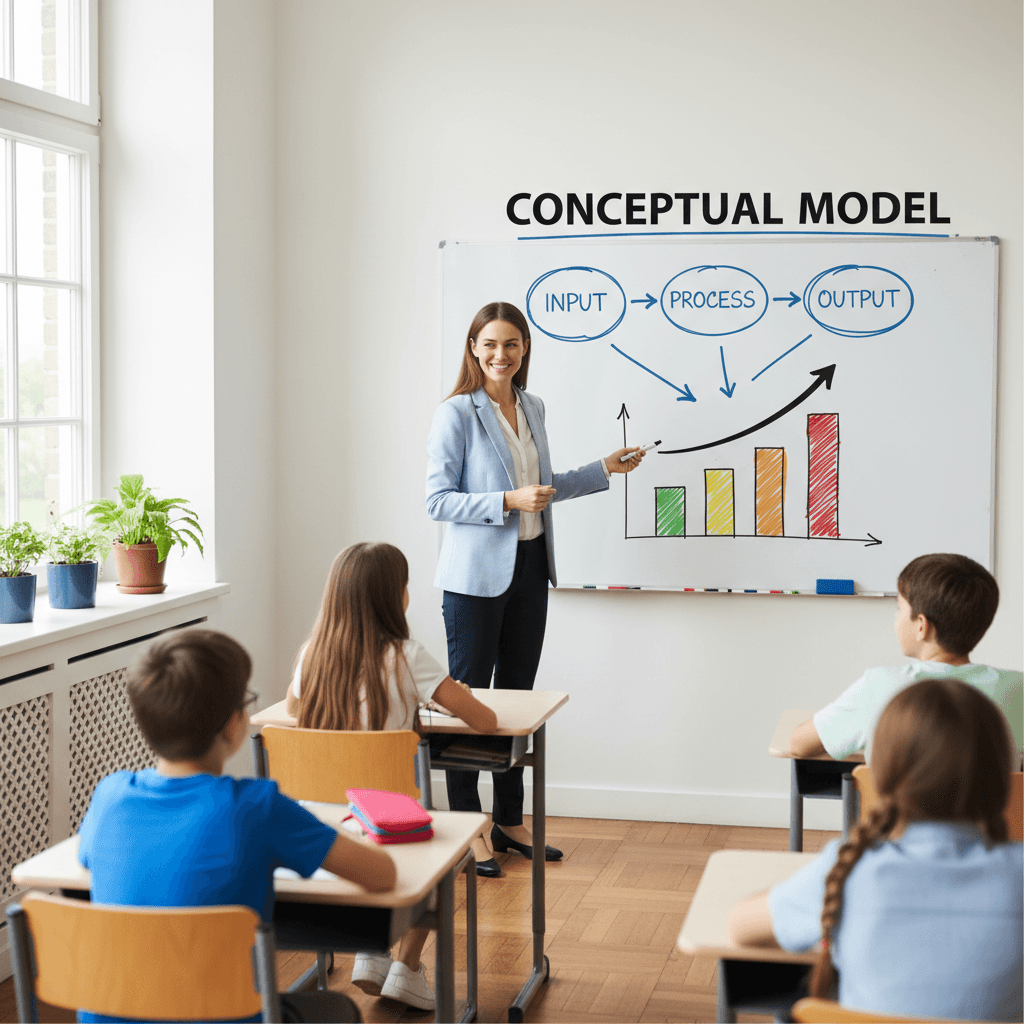 Teacher explaining a concept using simple charts and whiteboard