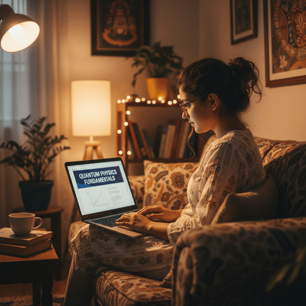 Indian woman watching an educational video on her laptop at home