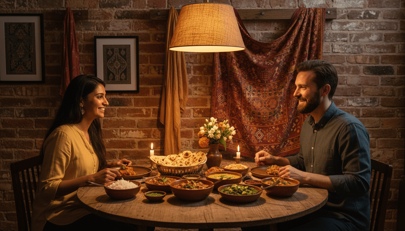 Two people chatting over tea in a cozy Indian home setting