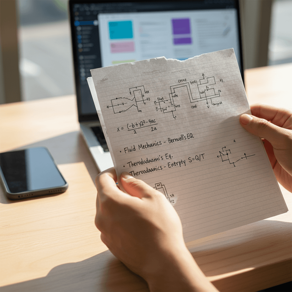 Person writing notes in a notebook at a bright desk with a laptop