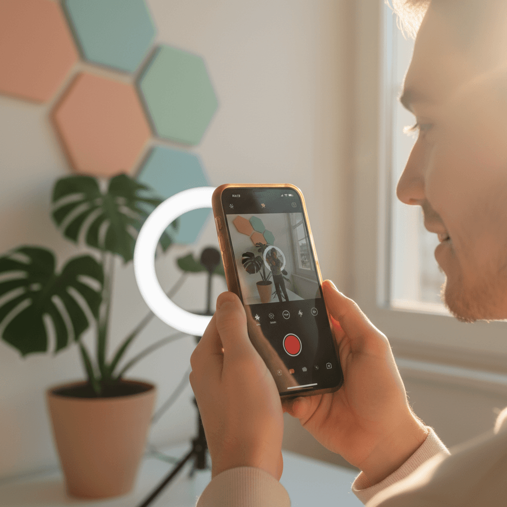 Content creator recording a video with a smartphone and ring light